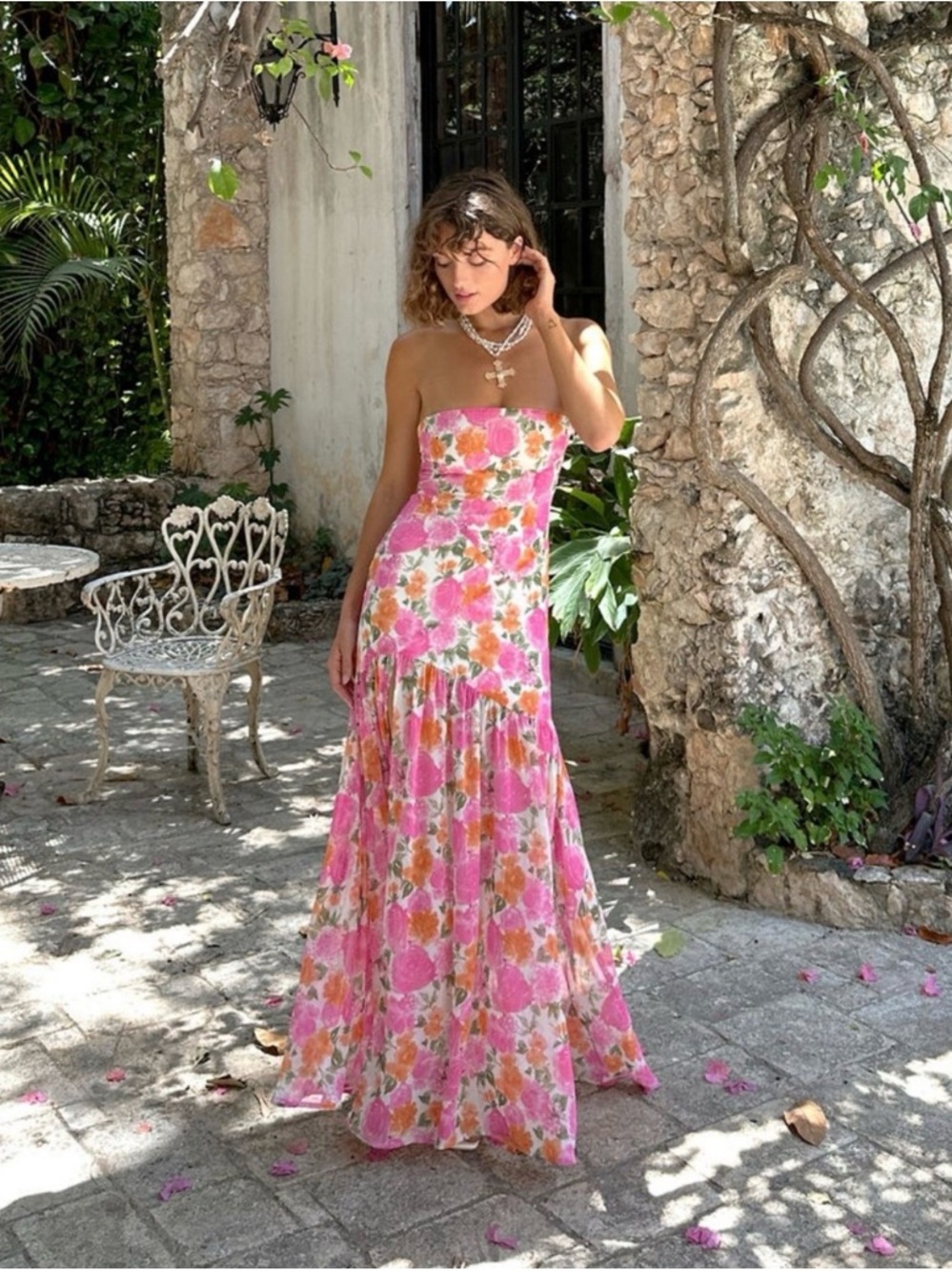 12th Tribe Pink Floral Strapless Maxi Dress